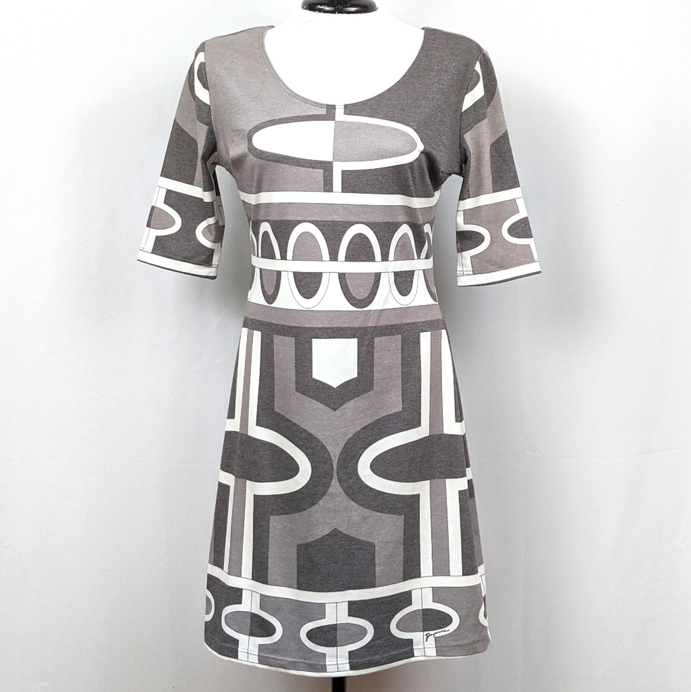 Paganne Mini Dress Short Sleeve Geometric Art Deco Two Tone Gray Packable S NWT
